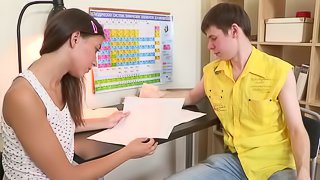 Tanned and  naughty teen decides to fuck madly in the class room