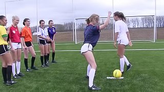 Girls on a soccer team strip down and play the game naked