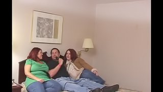 Three curvy bitches ride horny stud in bed