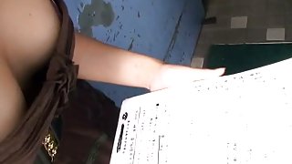 Super sexy Japanese girl in fantastic clothes bows to a spy cam