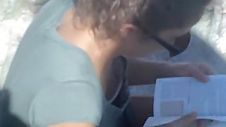 Excited with a new book amateur sexy white bra downblouse